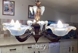 Art Deco Ezan Icicle Chandelier Opalescent Glass Pendant Light France C. 1935