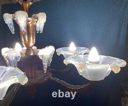 Art Deco Ezan Icicle Chandelier Opalescent Glass Pendant Light France C. 1935