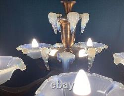 Art Deco Ezan Icicle Chandelier Opalescent Glass Pendant Light France C. 1935