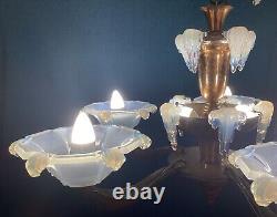Art Deco Ezan Icicle Chandelier Opalescent Glass Pendant Light France C. 1935