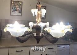 Art Deco Ezan Icicle Chandelier Opalescent Glass Pendant Light France C. 1935