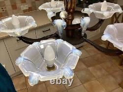 Art Deco Ezan Icicle Chandelier Opalescent Glass Pendant Light France C. 1935