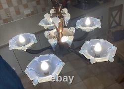 Art Deco Ezan Icicle Chandelier Opalescent Glass Pendant Light France C. 1935