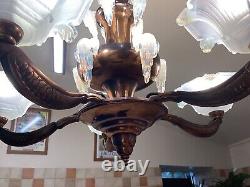 Art Deco Ezan Icicle Chandelier Opalescent Glass Pendant Light France C. 1935