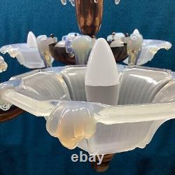 Art Deco Ezan Icicle Chandelier Opalescent Glass Pendant Light France C. 1935