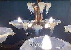 Art Deco Ezan Icicle Chandelier Opalescent Glass Pendant Light France C. 1935