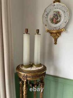 Art Deco French Opaline Glass Table Lamps Pair Mid Century White Column Lamps