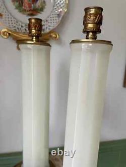 Art Deco French Opaline Glass Table Lamps Pair Mid Century White Column Lamps