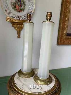 Art Deco French Opaline Glass Table Lamps Pair Mid Century White Column Lamps