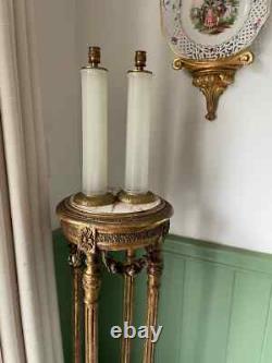 Art Deco French Opaline Glass Table Lamps Pair Mid Century White Column Lamps