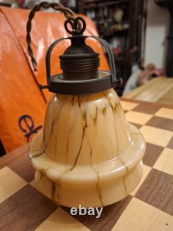 Art Deco Opaline Marbled Glass & Brass Pendant Ceiling Light Fitting 17x13cm
