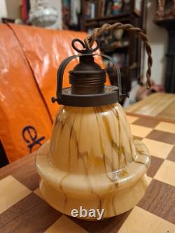Art Deco Opaline Marbled Glass & Brass Pendant Ceiling Light Fitting 17x13cm