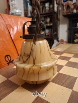 Art Deco Opaline Marbled Glass & Brass Pendant Ceiling Light Fitting 17x13cm