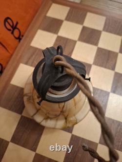 Art Deco Opaline Marbled Glass & Brass Pendant Ceiling Light Fitting 17x13cm
