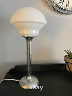 Art Deco chrome table lamp with White Opaline shade Rewired