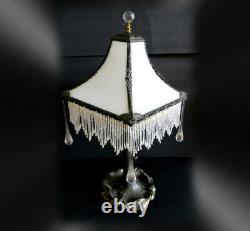 Art Deco vintage lamp with bent opalescent slag glass and glass bead fringe