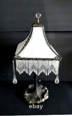 Art Deco vintage lamp with bent opalescent slag glass and glass bead fringe