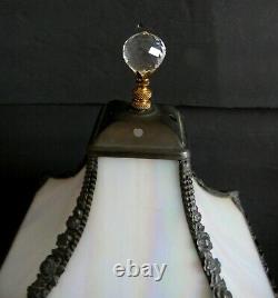 Art Deco vintage lamp with bent opalescent slag glass and glass bead fringe