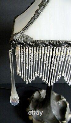 Art Deco vintage lamp with bent opalescent slag glass and glass bead fringe