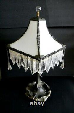 Art Deco vintage lamp with bent opalescent slag glass and glass bead fringe