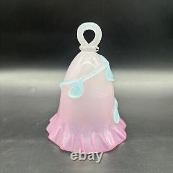 Art Glass Bell Pink Opaline Applied Blue Leaves Crimped Edge Handmade Blown