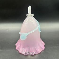 Art Glass Bell Pink Opaline Applied Blue Leaves Crimped Edge Handmade Blown