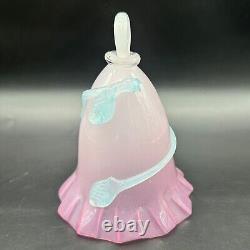 Art Glass Bell Pink Opaline Applied Blue Leaves Crimped Edge Handmade Blown