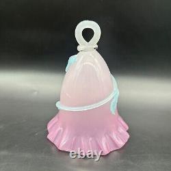 Art Glass Bell Pink Opaline Applied Blue Leaves Crimped Edge Handmade Blown