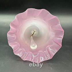 Art Glass Bell Pink Opaline Applied Blue Leaves Crimped Edge Handmade Blown