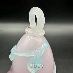 Art Glass Bell Pink Opaline Applied Blue Leaves Crimped Edge Handmade Blown