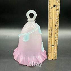 Art Glass Bell Pink Opaline Applied Blue Leaves Crimped Edge Handmade Blown