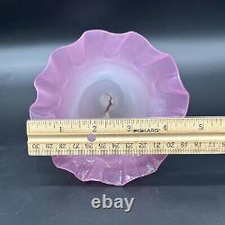 Art Glass Bell Pink Opaline Applied Blue Leaves Crimped Edge Handmade Blown