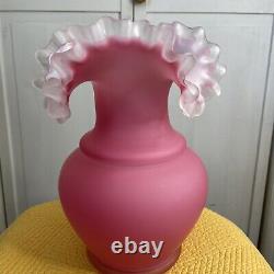 Art Glass Vase Satin Cranberry Pink Opalescent Glass Ruffle Top 10 Fenton