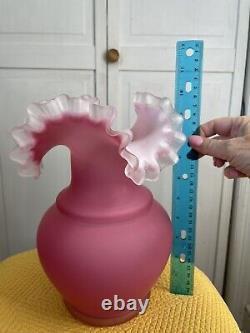 Art Glass Vase Satin Cranberry Pink Opalescent Glass Ruffle Top 10 Fenton