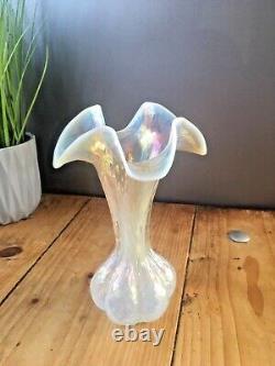 Art Nouveau Bohemian Kralik Opalescent Ruffled Glass Bud Vase Mother Of Pearl