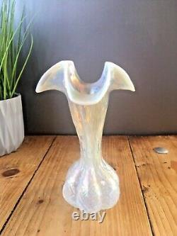 Art Nouveau Bohemian Kralik Opalescent Ruffled Glass Bud Vase Mother Of Pearl