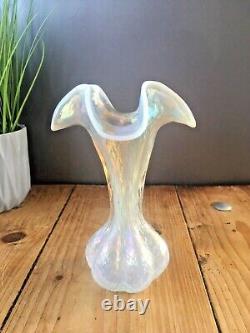 Art Nouveau Bohemian Kralik Opalescent Ruffled Glass Bud Vase Mother Of Pearl