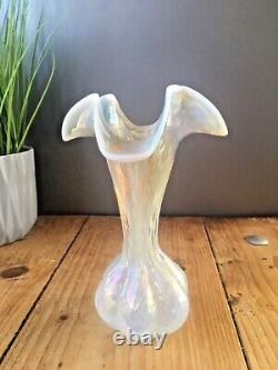 Art Nouveau Bohemian Kralik Opalescent Ruffled Glass Bud Vase Mother Of Pearl