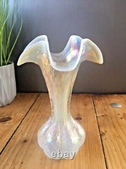 Art Nouveau Bohemian Kralik Opalescent Ruffled Glass Bud Vase Mother Of Pearl