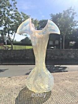 Art Nouveau Bohemian Kralik Opalescent Ruffled Glass Bud Vase Mother Of Pearl