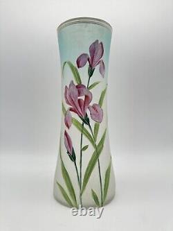 Art Nouveau Style Opalescent Art Glass Vase Hand Painted Iris Design