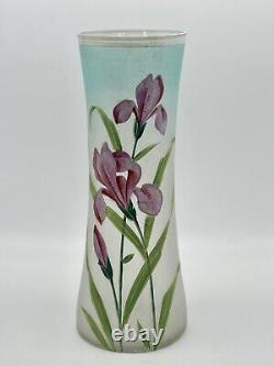 Art Nouveau Style Opalescent Art Glass Vase Hand Painted Iris Design