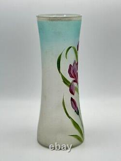 Art Nouveau Style Opalescent Art Glass Vase Hand Painted Iris Design