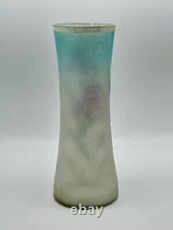 Art Nouveau Style Opalescent Art Glass Vase Hand Painted Iris Design