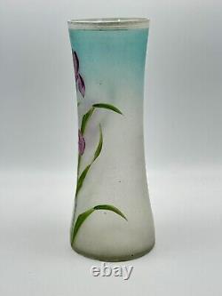 Art Nouveau Style Opalescent Art Glass Vase Hand Painted Iris Design