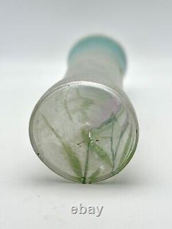 Art Nouveau Style Opalescent Art Glass Vase Hand Painted Iris Design