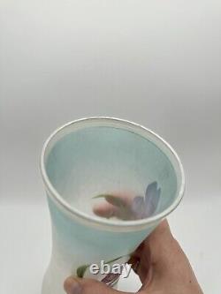 Art Nouveau Style Opalescent Art Glass Vase Hand Painted Iris Design