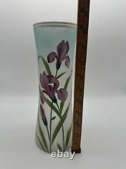 Art Nouveau Style Opalescent Art Glass Vase Hand Painted Iris Design