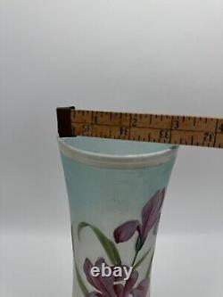 Art Nouveau Style Opalescent Art Glass Vase Hand Painted Iris Design