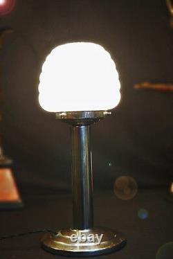 Art deco 1940s desk lamp stepped base Tubular Column Geometric Opaline Shade